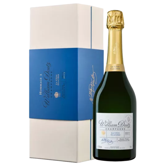 シャンパーニュ「ドゥーツ ラ・コート・グラシエール 2015」ボトル、正面、白ラベル、金キャップ