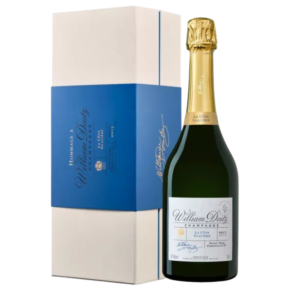 シャンパーニュ「ドゥーツ ラ・コート・グラシエール 2015」ボトル、正面、白ラベル、金キャップ