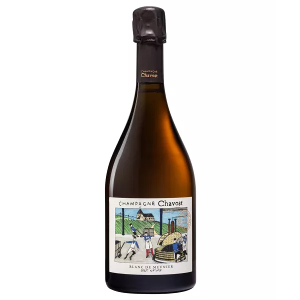 シャンパーニュ、シャヴォスト・ブラン・ド・ムニエ・ブリュット・ナチュール、正面から見たボトル