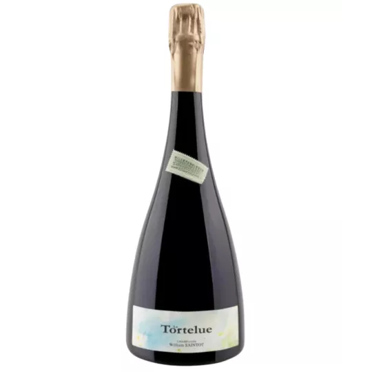 シャンパンボトル William Saintot La Tortelue、ホワイトラベル、ゴールドキャップ、正面から見た図