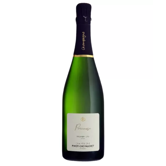 シャンパーニュ・ピノ・シュヴシェ・プレシューズ・ボトル、白ラベル、黒キャップ、前面図