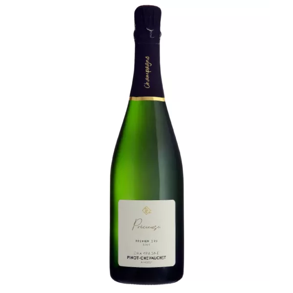 シャンパーニュ・ピノ・シュヴシェ・プレシューズ・ボトル、白ラベル、黒キャップ、前面図