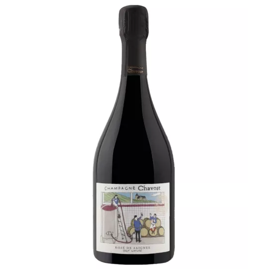 シャンパーニュ シャヴォスト ロゼ・ド・サイーニュ ブリュット・ナチュール、ボトル、正面図、イラスト入りラベル