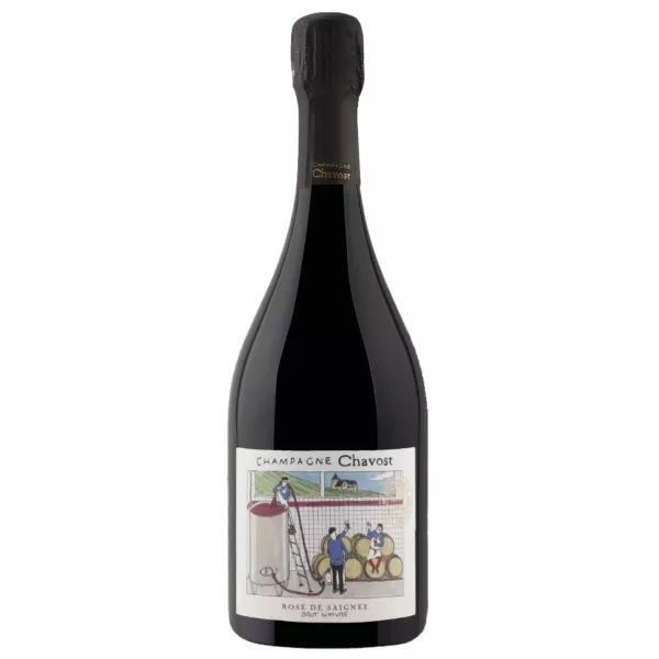 シャンパーニュ シャヴォスト ロゼ・ド・サイーニュ ブリュット・ナチュール、ボトル、正面図、イラスト入りラベル