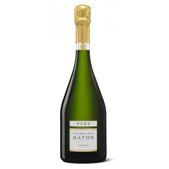 シャンパーニュ・ハトン・キュヴェ・ピュア・ボトル、白ラベル、金キャップ、前面図
