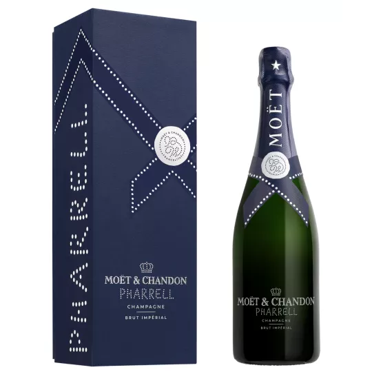 シャンパン モエ・エ・シャンドン ブリュット インペリアル エディション ファレル・ウィリアムス ボトル、正面図、専用ケース付