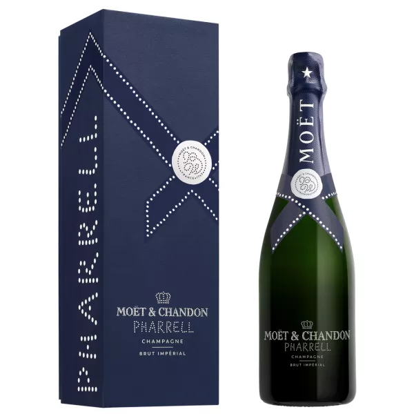 シャンパン モエ・エ・シャンドン ブリュット インペリアル エディション ファレル・ウィリアムス ボトル、正面図、専用ケース付