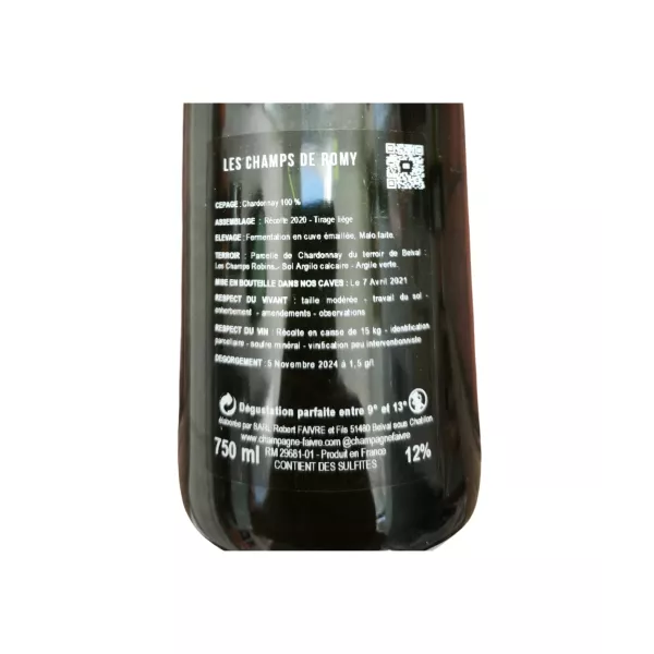 シャンパーニュRのボトルの裏ラベル。フェーヴル シャン・ド・ロミ - ブラン・ド・ブラン エクストラ・ブリュット