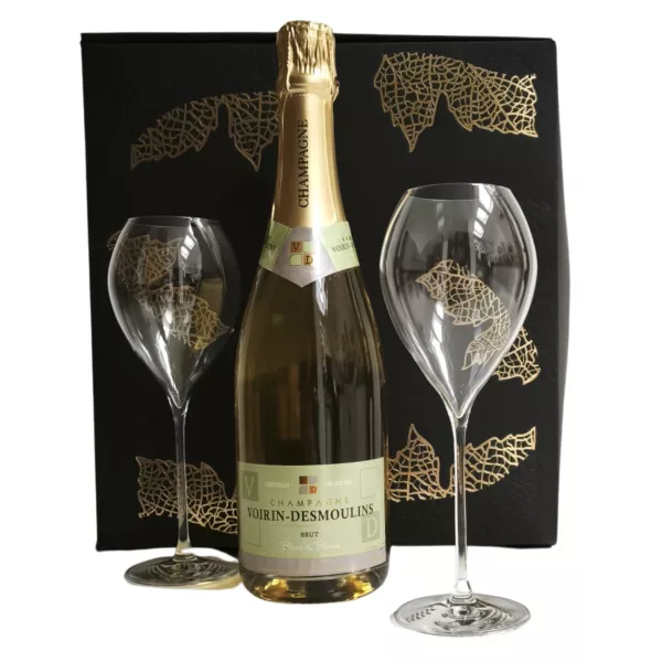 Coffret champagne Blanc de blancs Voirin-Desmoulin avec 2 flûtes Lehmann