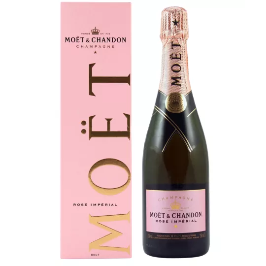 シャンパーニュ・モエ・エ・シャンドン・ロゼ・アンペリアル、正面、ピンクのラベルとお揃いのキャップ