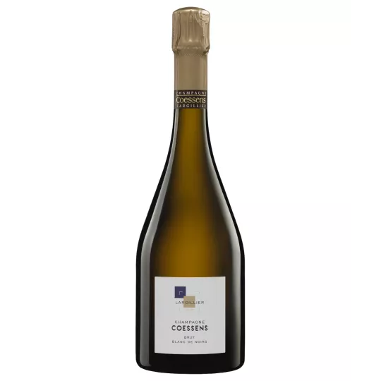 シャンパーニュ・コサンス・ブリュット・ブラン・ド・ノワール・ボトル、正面図、白ラベル、金キャップ